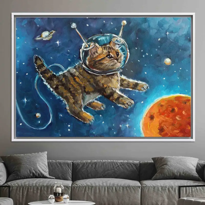 モダンな抽象猫宇宙飛行士キャンバス - 活気に満ちたスペース保育園アート