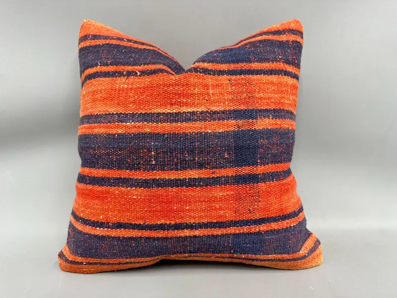 Outdoor Pillow Cover, Ethnical Kilim Rug Pillow, Pillow, 18x18 Orange Pillow Sham, Interior Designer Pillow, Handmade Kilim Cushion - 1