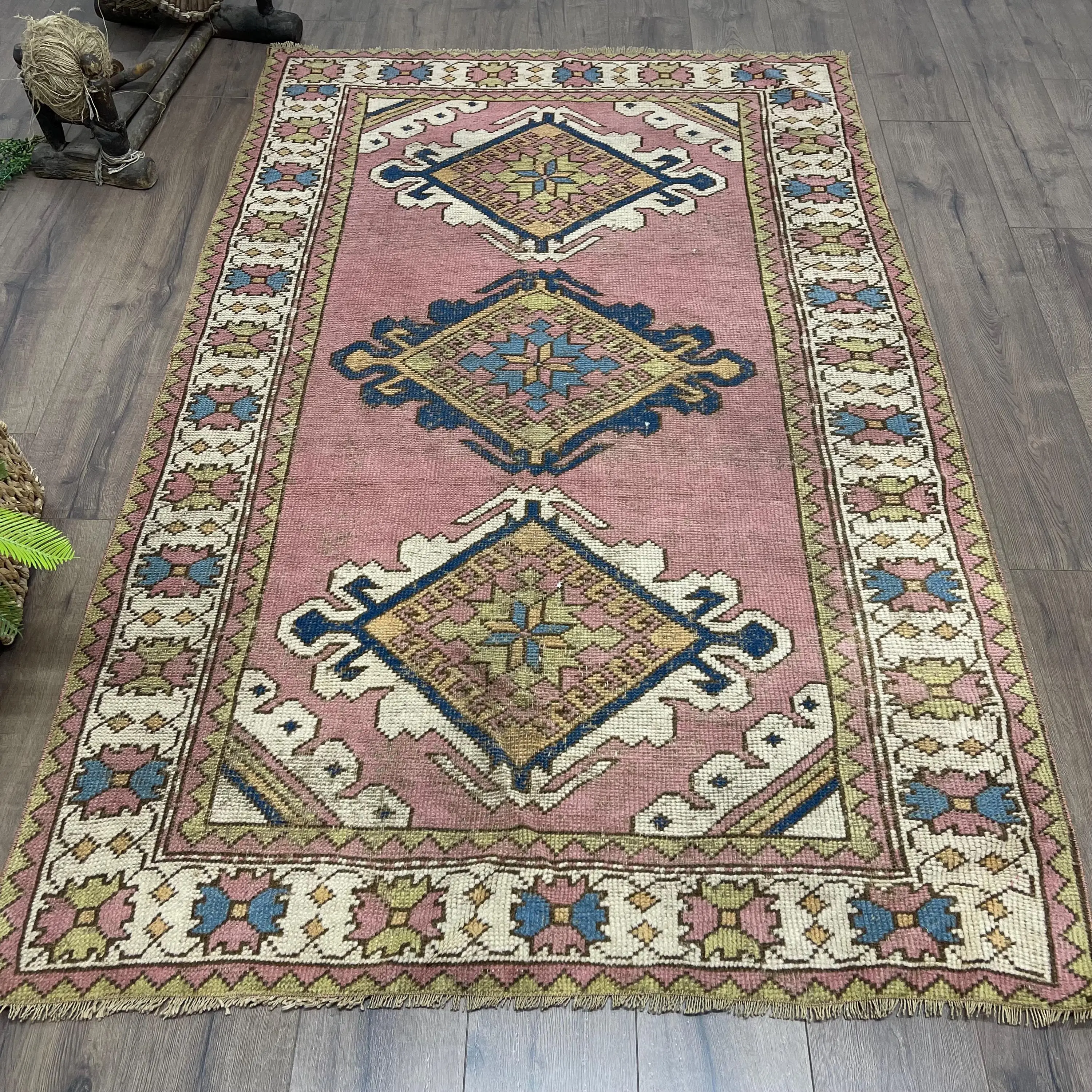 Vintage Rug, Area 4.3x6.8 ft Turkish Rug, Pink Blue Moroccan Wool Rug - 1