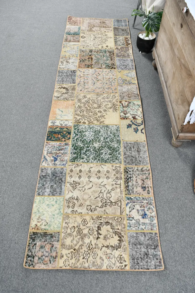 Zarif Bej Fas Halısı, Yeşil Desenli 2,3x8,8 ft