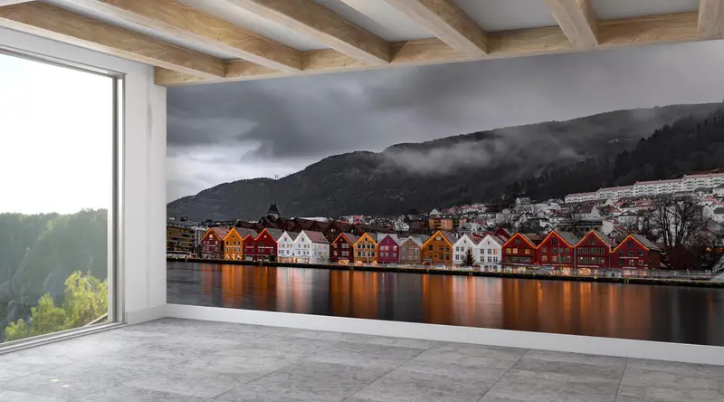 Mountain Wall Mural, View Digital Paper, Norway Wall Decor, 3D Paper Art, Bergen Landscape Mural, 3D Wall Mural, Wall Covering, - 1