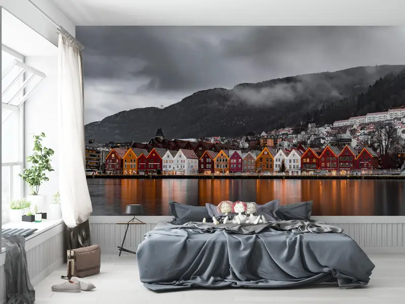 Mountain Wall Mural, View Digital Paper, Norway Wall Decor, 3D Paper Art, Bergen Landscape Mural, 3D Wall Mural, Wall Covering, - 3