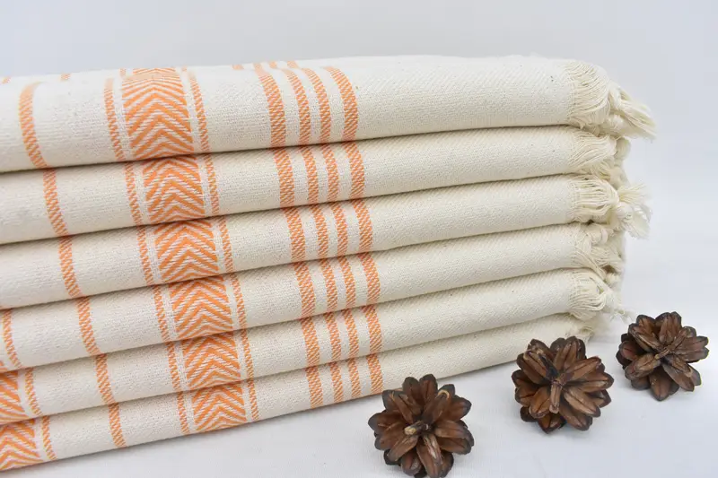 Handmade Organic Cotton Bath Towel Beige and White Stripes, 70x40 Inches