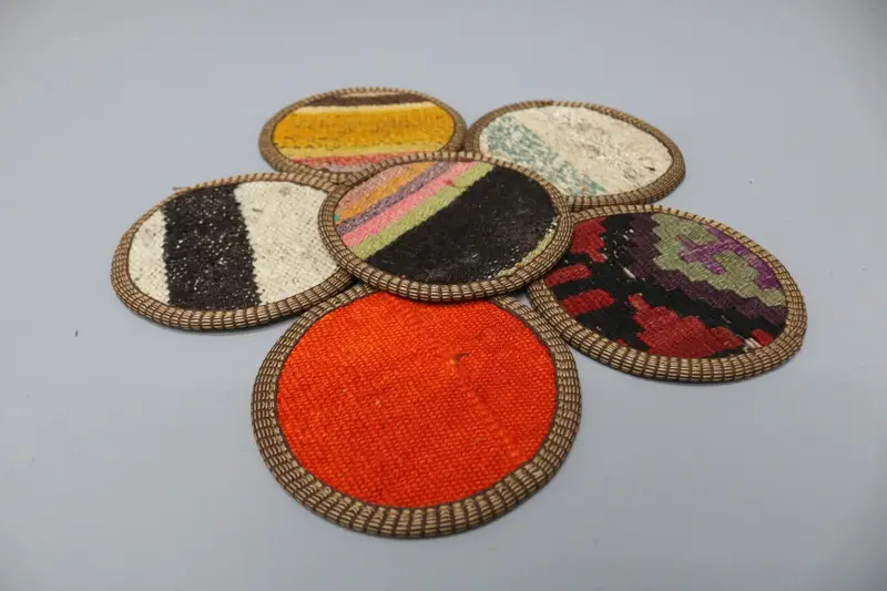 Red and Brown Bohemian Coaster, Round Kilim Coaster