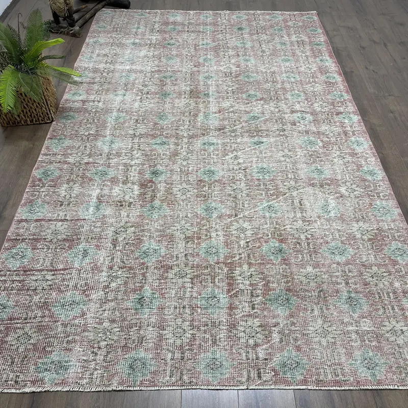 6x10 ft Rug, Vintage Turkish Rug, Red Blue Abstract Wool Rug - 1
