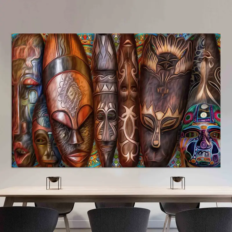 トレンディな茶色のアフリカのマスク抽象的なキャンバス プリント - エレガントな装飾