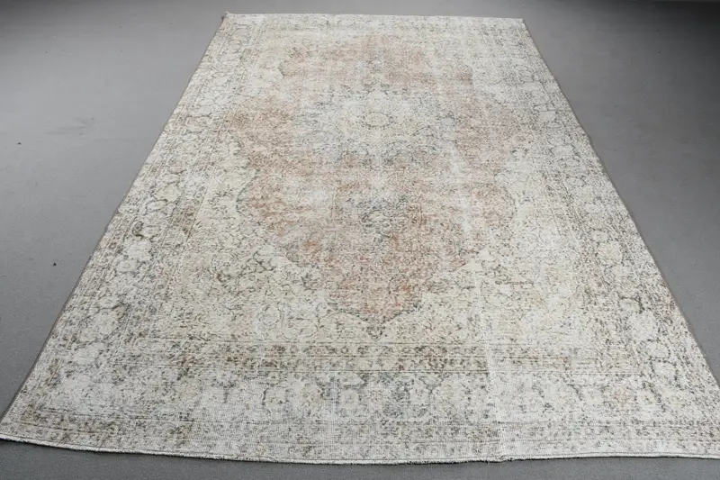 Alfombra vintage de 6,5x10,2 pies, alfombra grande turca, alfombra de camuflaje marrón blanco - 1