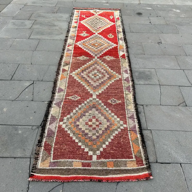 2.9x10.3 ft Turkish Rug, Vintage Runner Rug, Red Brown Floral Rug - 1