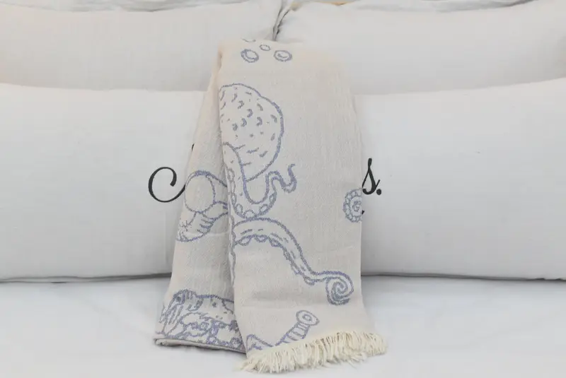 Housewarming Gift, Woven Blanket, Birthday Gift, Custom Wedding Gifts, Turkish Blanket Queen, 88x60 Cotton Sea Creatures and Mermaid Design Towel - 5