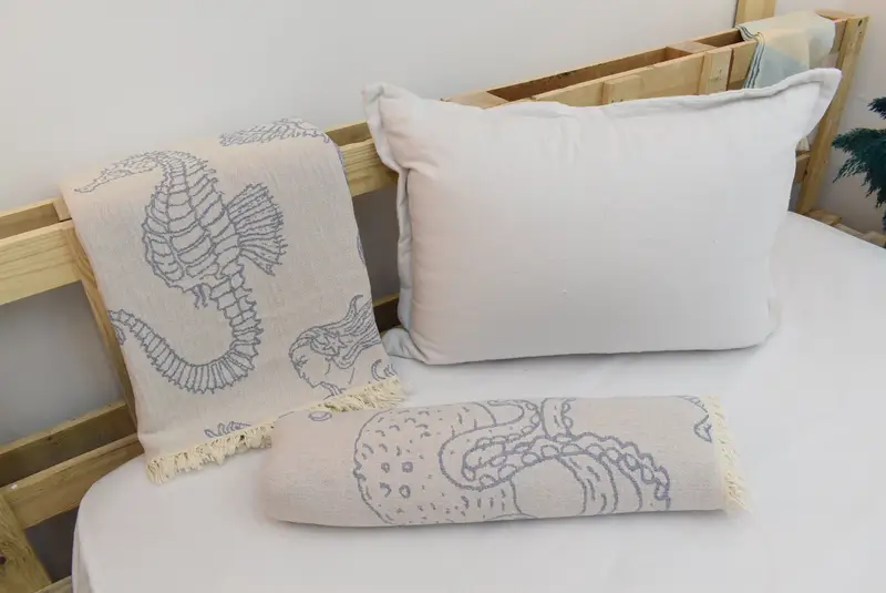 Housewarming Gift, Woven Blanket, Birthday Gift, Custom Wedding Gifts, Turkish Blanket Queen, 88x60 Cotton Sea Creatures and Mermaid Design Towel - 6