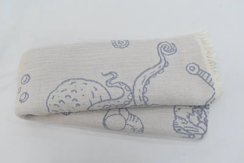 Housewarming Gift, Woven Blanket, Birthday Gift, Custom Wedding Gifts, Turkish Blanket Queen, 88x60 Cotton Sea Creatures and Mermaid Design Towel - 3