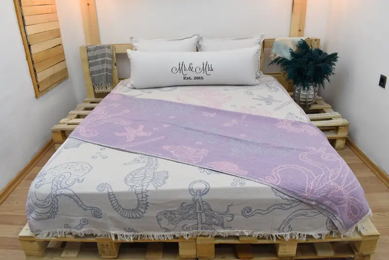 Housewarming Gift, Woven Blanket, Birthday Gift, Custom Wedding Gifts, Turkish Blanket Queen, 88x60 Cotton Sea Creatures and Mermaid Design Towel - 8