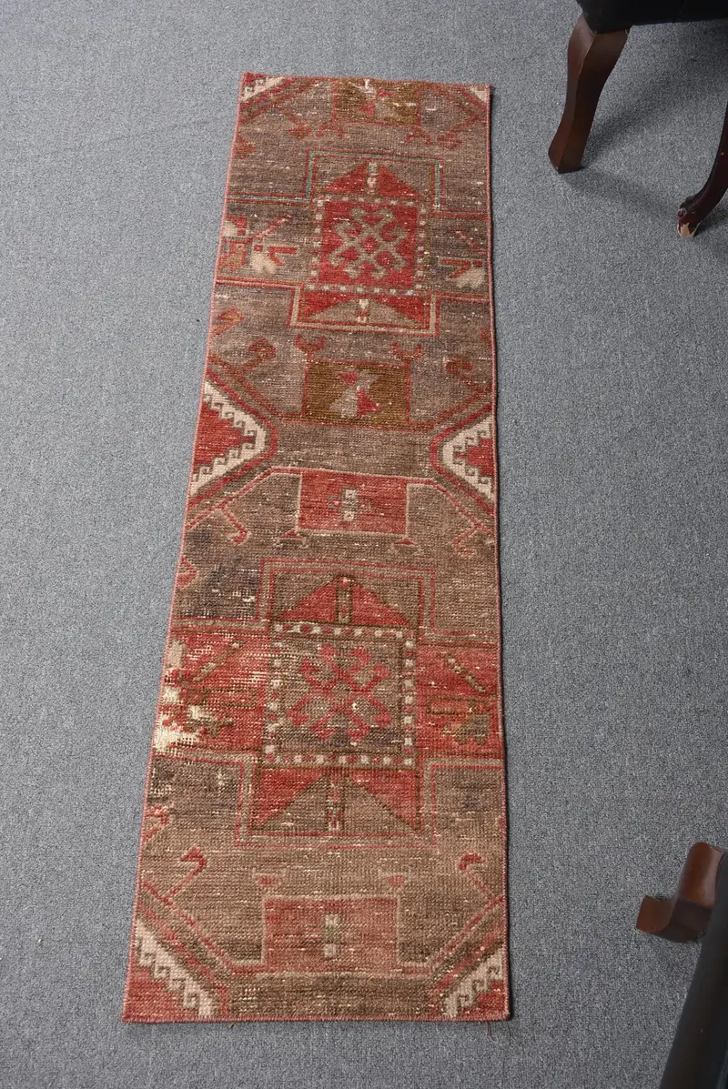 El Yapımı Oryantal Halı, 1,3x4,8 ft Kahverengi ve Kırmızı