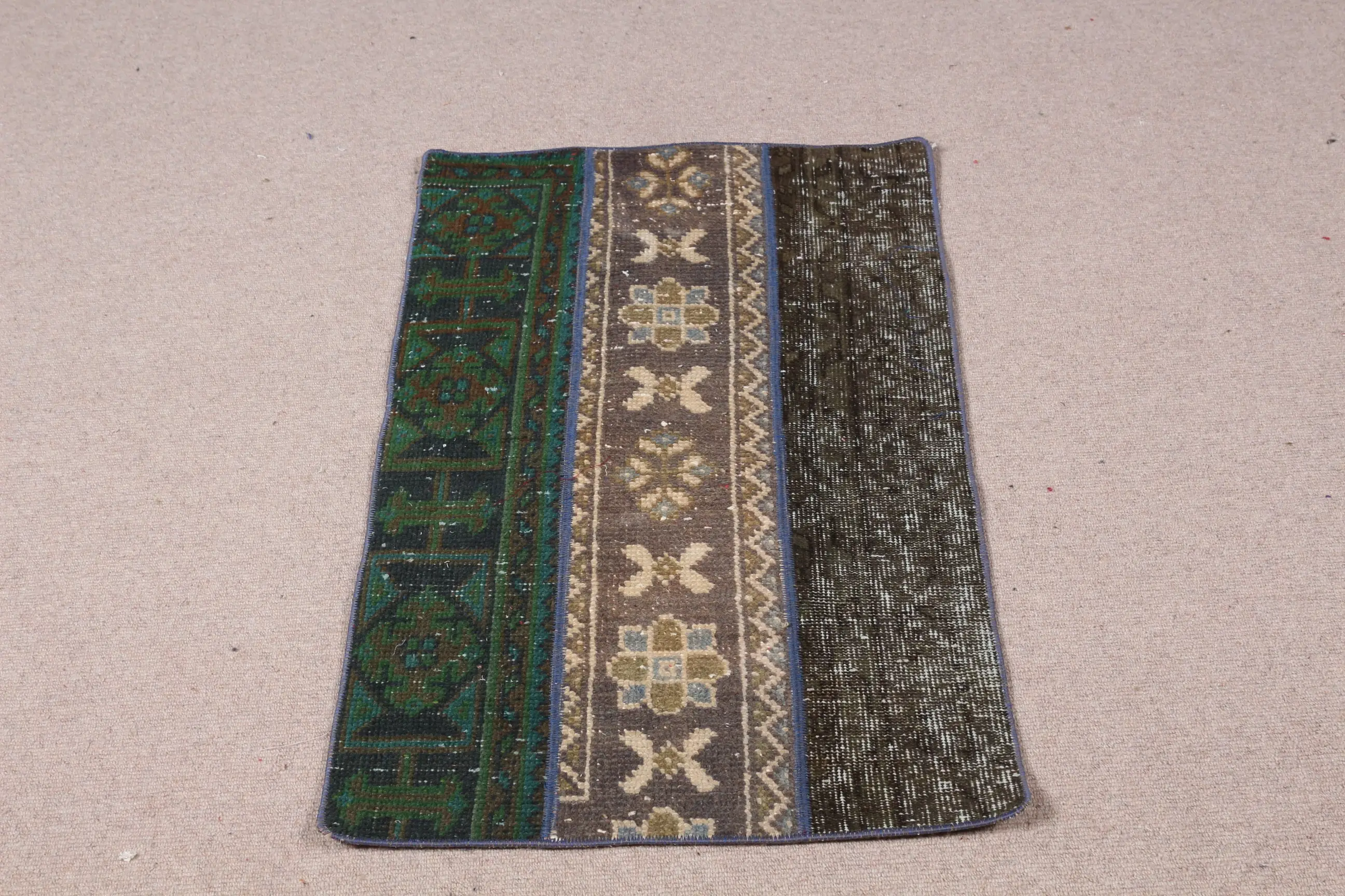 Rug, 2x3.2 ft Turkish Rug, Green Patchwork Rug Wool - 1