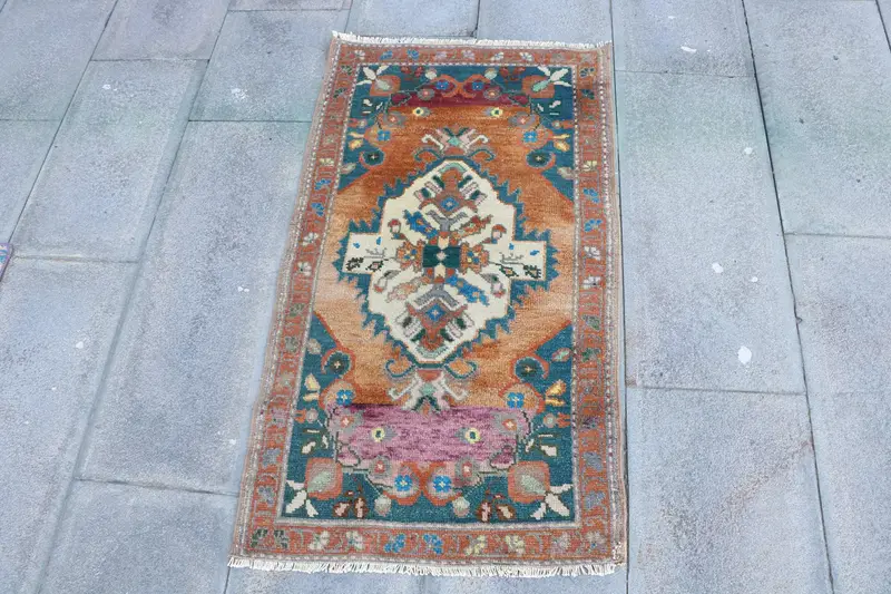 2x3.5 ft Turkish Oushak Rug, Blue Camouflage Vintage Wool Rug - 1