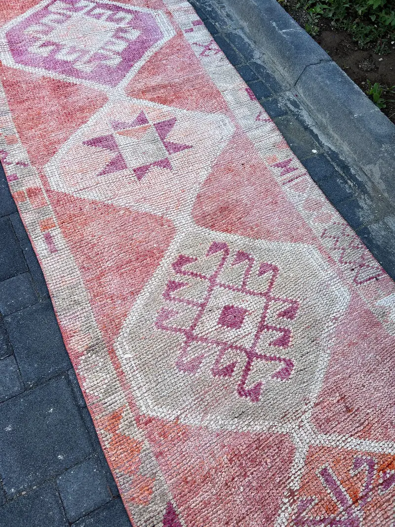 3x11.5 ft Turkish Rug, Runner Vintage Rug, Red Floral Rug - 1