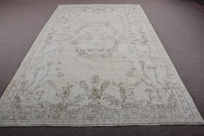 Türk Vintage Halısı, 6.7x10.6 ft Oushak Halısı, Beyaz Kahverengi Oryantal Halı - 1