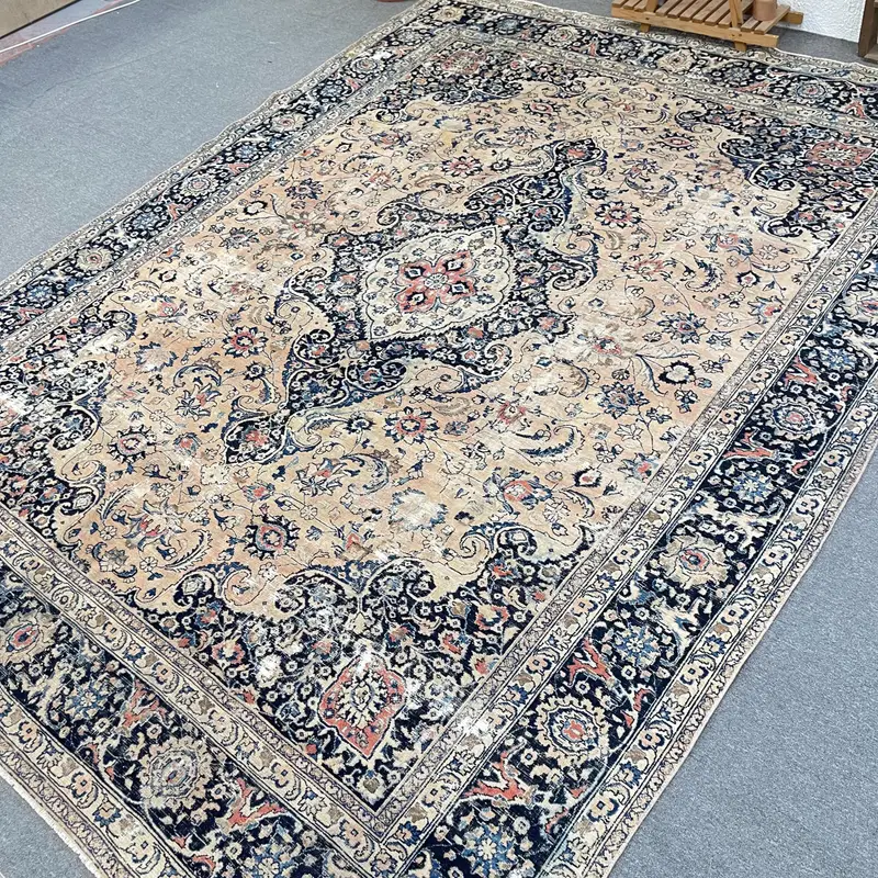 9.5x12.1 ft Oushak Rug, Vintage Turkish Rug, Blue Brown Floral Rug - 1