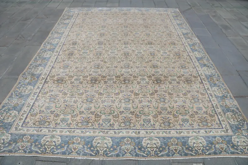 Alfombra abstracta azul, 9,3x12,1 ft azul y marrón