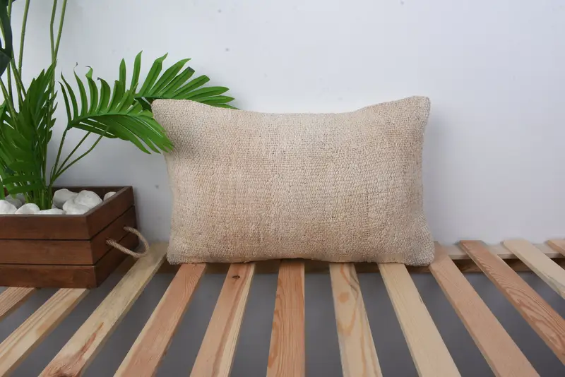 Handmade Rug Seat Cushion, Pillow Case, Vintage Pillow, Interior Designer Pillow, 12x20 Beige Cushion, Boho Pillow Sham Cover - 1
