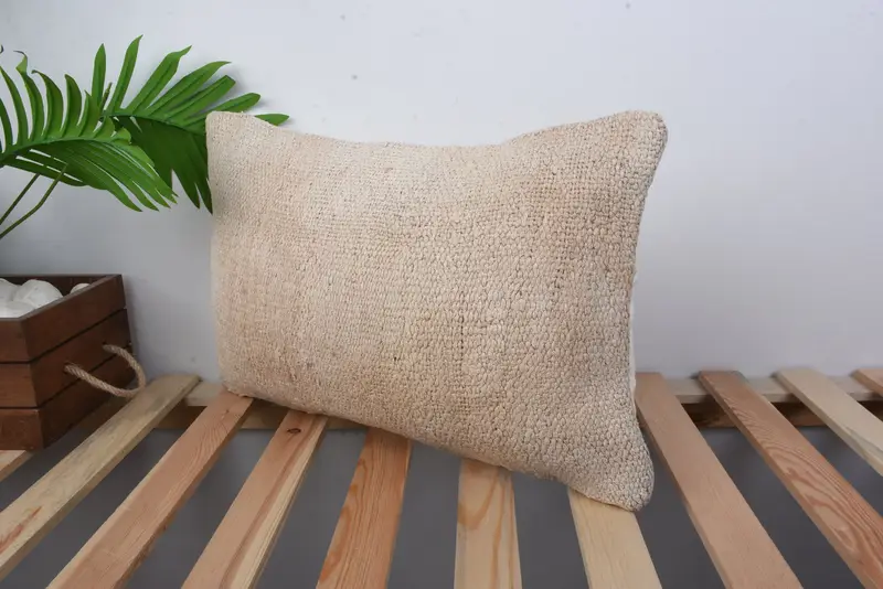 Handmade Rug Seat Cushion, Pillow Case, Vintage Pillow, Interior Designer Pillow, 12x20 Beige Cushion, Boho Pillow Sham Cover - 5