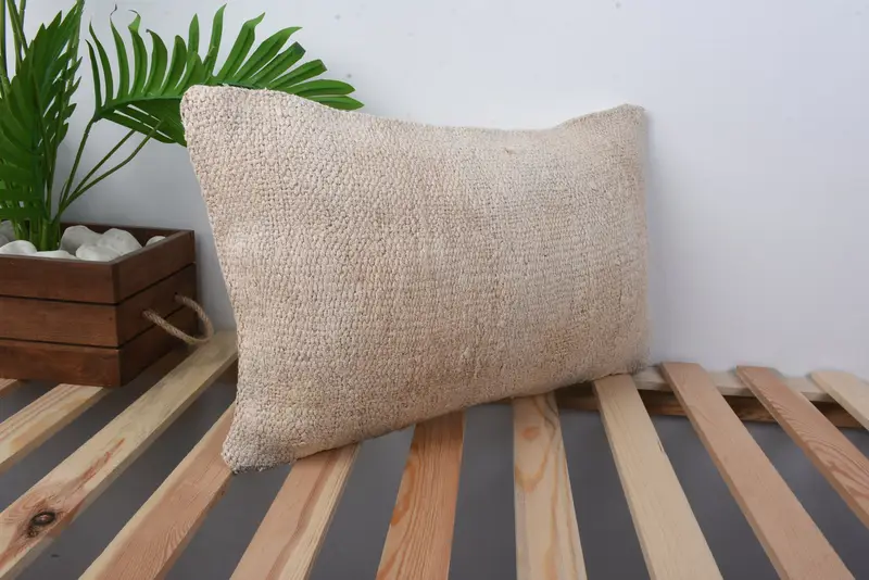 Handmade Rug Seat Cushion, Pillow Case, Vintage Pillow, Interior Designer Pillow, 12x20 Beige Cushion, Boho Pillow Sham Cover - 4