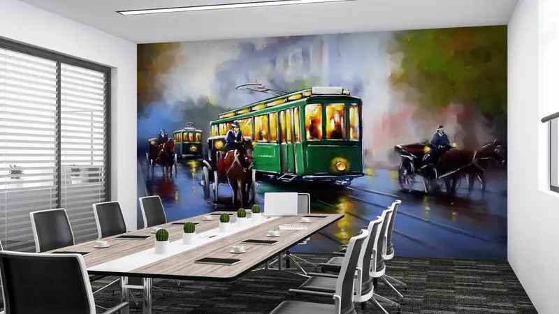 City Wall Art, View Wallpaper, Landscape Wall Art, Retro Mural, Old Tram Wall Print, Oil Painting Print, Vintage Mural, - 5