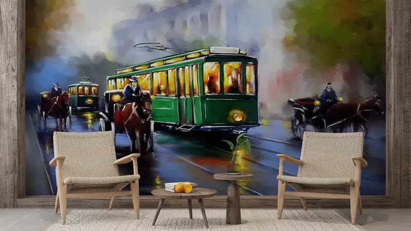 City Wall Art, View Wallpaper, Landscape Wall Art, Retro Mural, Old Tram Wall Print, Oil Painting Print, Vintage Mural, - 7