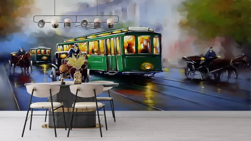 City Wall Art, View Wallpaper, Landscape Wall Art, Retro Mural, Old Tram Wall Print, Oil Painting Print, Vintage Mural, - 3