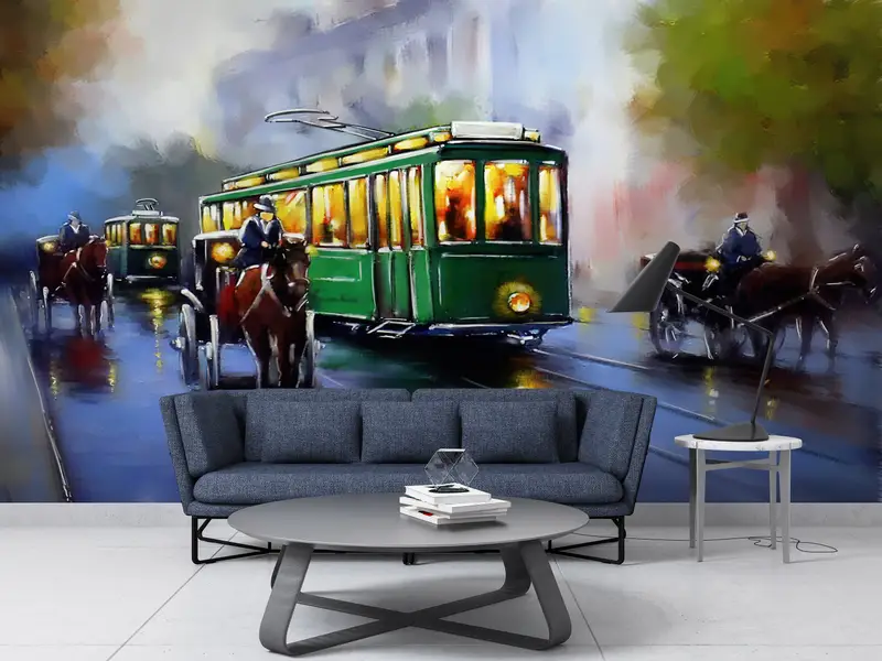 City Wall Art, View Wallpaper, Landscape Wall Art, Retro Mural, Old Tram Wall Print, Oil Painting Print, Vintage Mural, - 4
