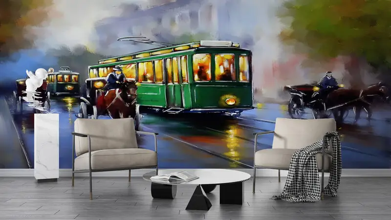 City Wall Art, View Wallpaper, Landscape Wall Art, Retro Mural, Old Tram Wall Print, Oil Painting Print, Vintage Mural, - 2