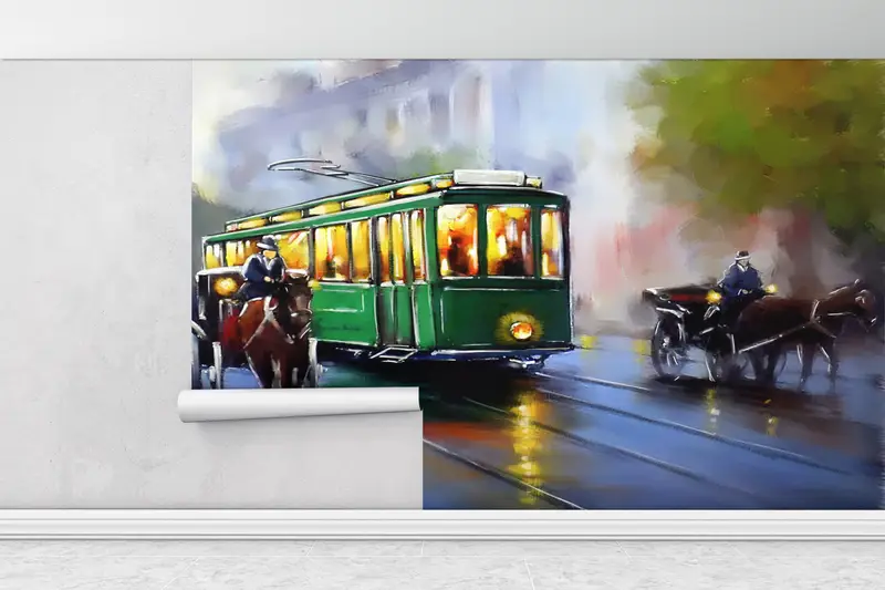 City Wall Art, View Wallpaper, Landscape Wall Art, Retro Mural, Old Tram Wall Print, Oil Painting Print, Vintage Mural, - 1