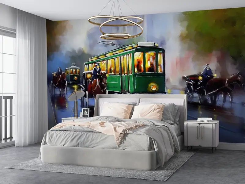 City Wall Art, View Wallpaper, Landscape Wall Art, Retro Mural, Old Tram Wall Print, Oil Painting Print, Vintage Mural, - 6