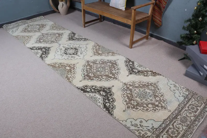 Elegant Moroccan Rug, Beige & Brown 3x12.7 ft