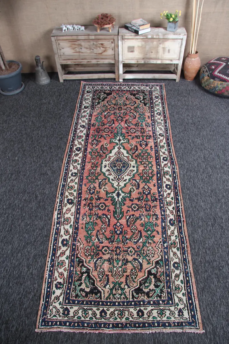 3.5x9.3 ft Small Vintage Turkish Rug, Bronze Geometric Wool Rug - 1