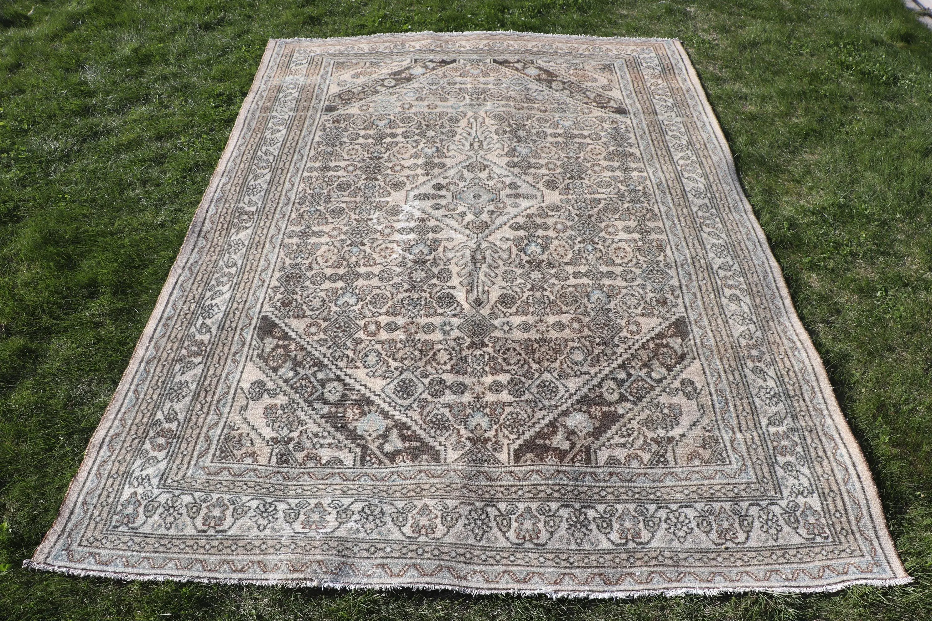 Vintage 7x10.1 ft Rug, Oversize Turkish Rug, Brown Blue Camouflage Rug - 1