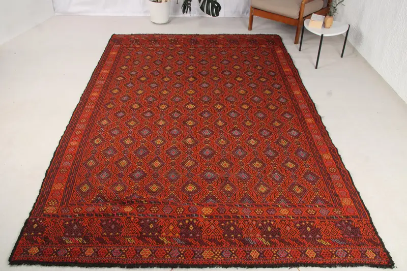 6.4x10.5 ft Halı, Büyük Vintage Halı, Kırmızı Kilim İkat Halı - 1