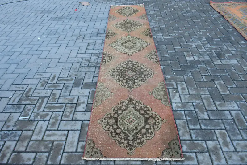 Türk 2.4x11.3 ft Halı, Runner Vintage Halı, Kırmızı Kahverengi İkat Yün Halı - 1