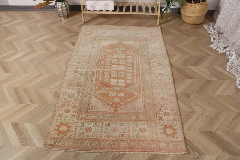 3.3x5.6 ft Rug, Vintage Turkish Rug, Orange Bordered Wool Rug - 1