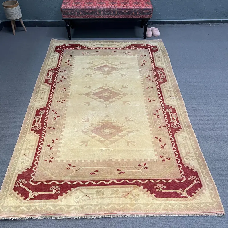 Alfombra de 5,3x8,2 pies, alfombra vintage turca, alfombra de lana con estampado animal rojo - 1