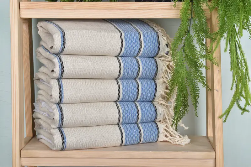 Striped Towel Sax Blue Linen, 36x71 Inches, Personalized, Organic Cotton/Linen