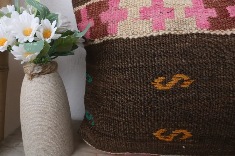 Yastık örtüsü, Türk Kilim Yastığı, Boho atma yastık kılıfı, Kilim yastığı kapağı, 12x24 kahverengi yastık kılıfı, el yapımı Kilim yastığı - 3