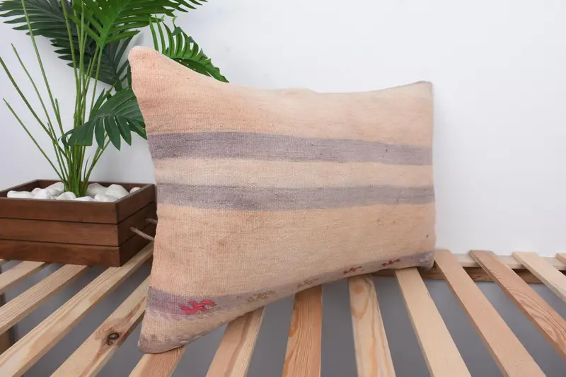 Vintage Kilim Throw Pillow, Garden Cushion, Pillow Sham, Boho Pillow Sham Cover, Kilim Pillow, 16x24 Beige Pillow Cover, Sofa Bolster Pillow Sham - 4