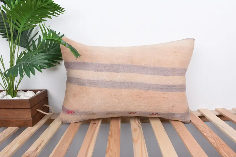 Vintage Kilim Throw Pillow, Garden Cushion, Pillow Sham, Boho Pillow Sham Cover, Kilim Pillow, 16x24 Beige Pillow Cover, Sofa Bolster Pillow Sham - 1