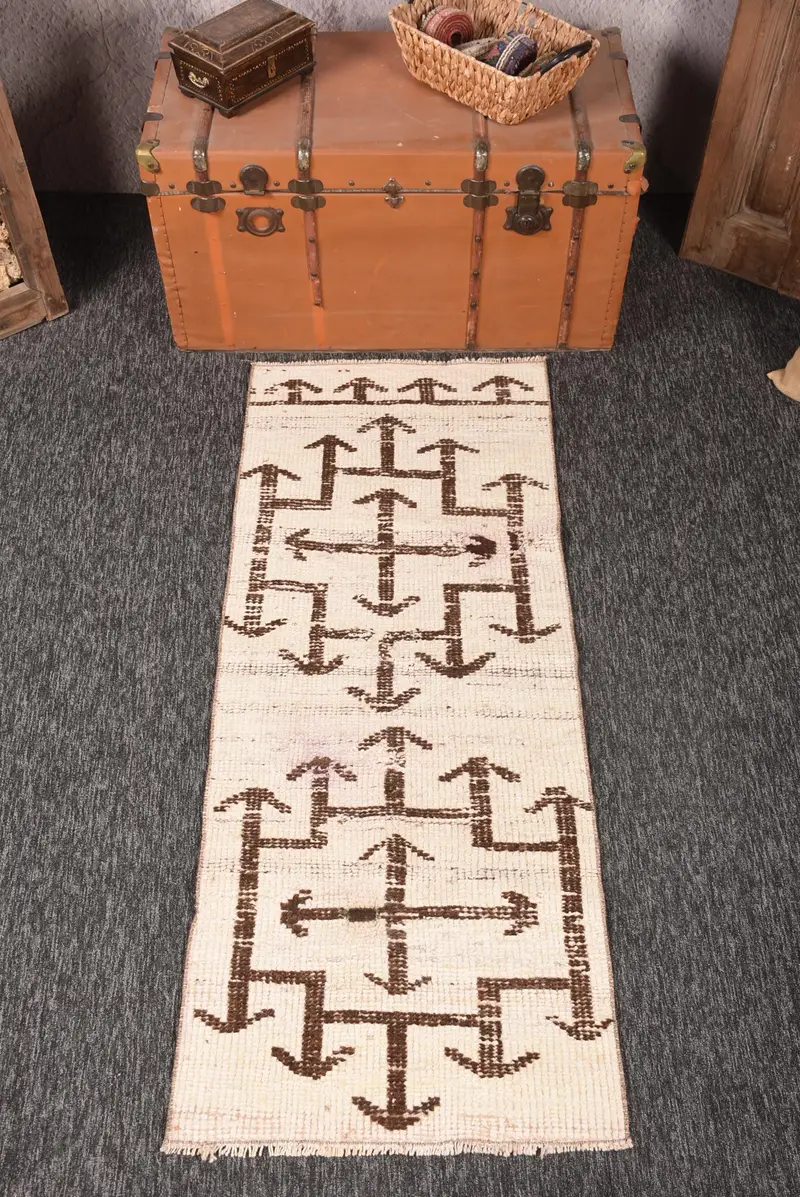 2.1x5.4 ft Rug, Vintage Turkish Rug, Kilim White Geometric Rug - 1