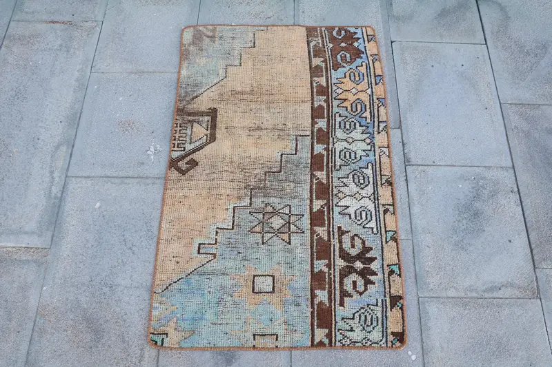 Turkish Vintage Small Rug 2x3.1 ft (60x95 cm), Blue Floral Oushak Rug - 1
