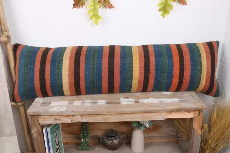 Ethnical Kilim Rug Pillow, Garden Pillow Sham, Pillow Case, 12x43 Blue Pillow Cover, Kilim Pillow Cover, Handmade Kilim Cushion - 2