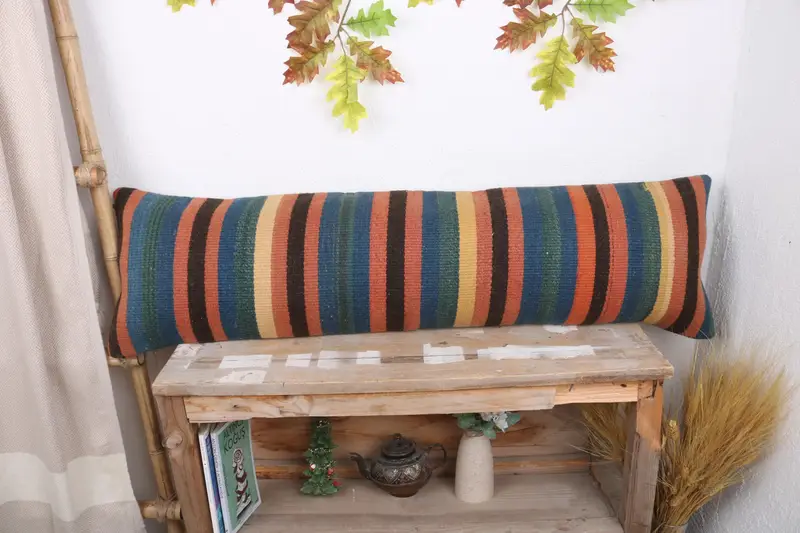 Ethnical Kilim Rug Pillow, Garden Pillow Sham, Pillow Case, 12x43 Blue Pillow Cover, Kilim Pillow Cover, Handmade Kilim Cushion - 1