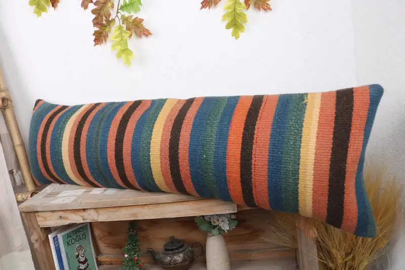 Ethnical Kilim Rug Pillow, Garden Pillow Sham, Pillow Case, 12x43 Blue Pillow Cover, Kilim Pillow Cover, Handmade Kilim Cushion - 4