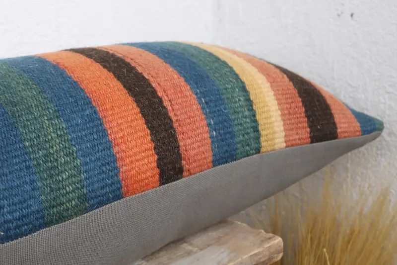 Ethnical Kilim Rug Pillow, Garden Pillow Sham, Pillow Case, 12x43 Blue Pillow Cover, Kilim Pillow Cover, Handmade Kilim Cushion - 6